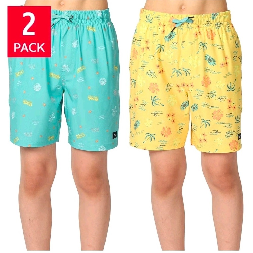 RVCA 2 Pack Youth Swim Trunks M 10/12 Teal Yellow Tropical 4-Way Stretch UPF 50+